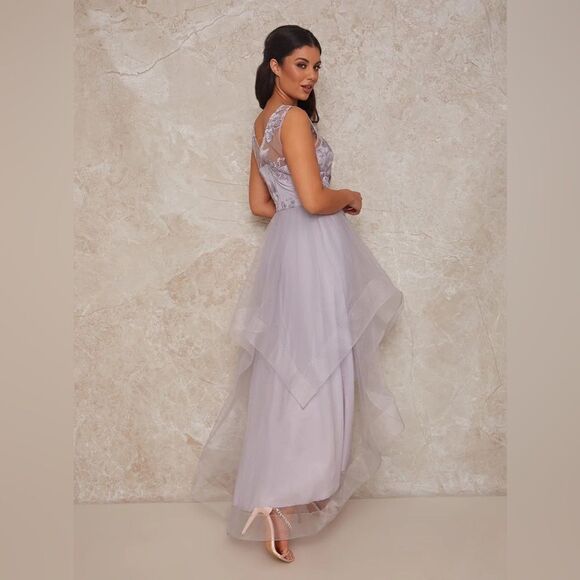 V Neck Mesh Skirt Dip Hem Midi Dress in Lilac - Picture 4 of 8